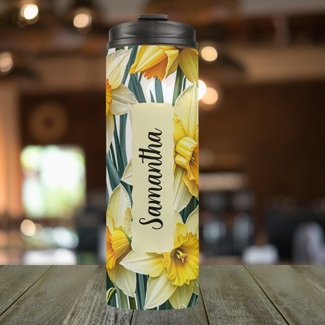 Personalized March Birth Flower Daffodil 16 oz Thermal Tumbler (Personalized 20 oz thermal tumbler with the birth flower of March, the Daffodil)