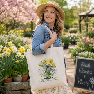 Personalized March Birth Flower Iris Dragonfly Tote Bag