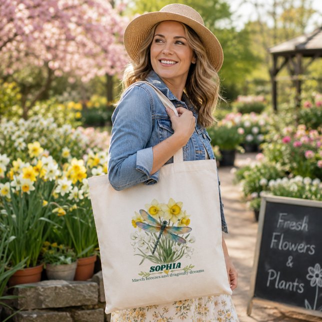 Personalized March Birth Flower Iris Dragonfly Tote Bag (Creator Uploaded)