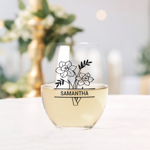 Personalized March Birth Month Flower Mom Name Stemless Wine Glass