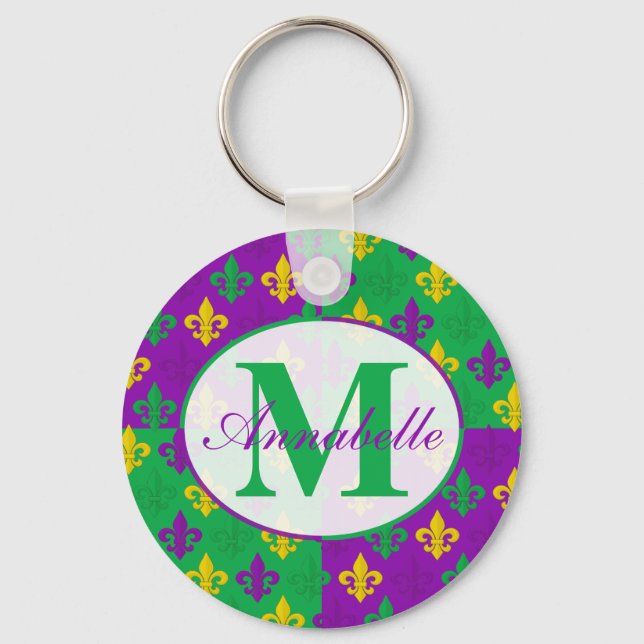 Personalized Mardi Gras Fleur de Lis Pattern Keychain (Front)