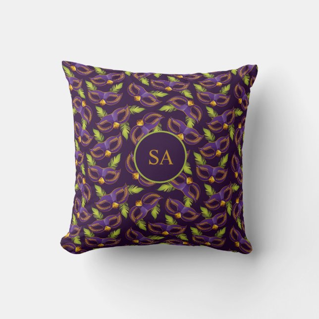 Personalized Mardi Gras Gold Green Purple Mask Throw Pillow (Front)
