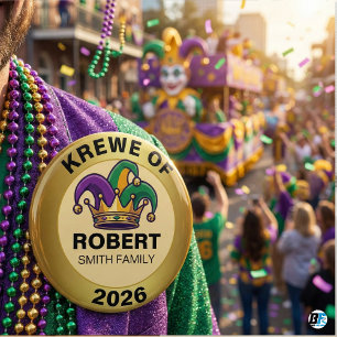 Personalized Mardi Gras Krewe Family Jester Hat Button