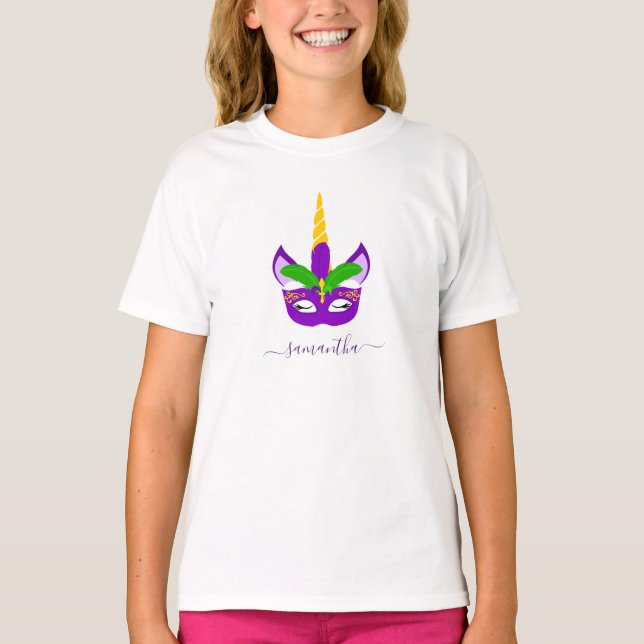 Personalized Mardi Gras Purple Unicorn Carnival T-Shirt (Front)