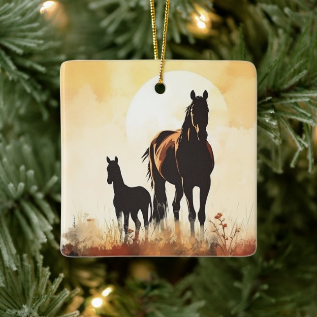 Personalized Mare, Foal Baby's 1st Christmas Horse Ceramic Ornament (Tree)