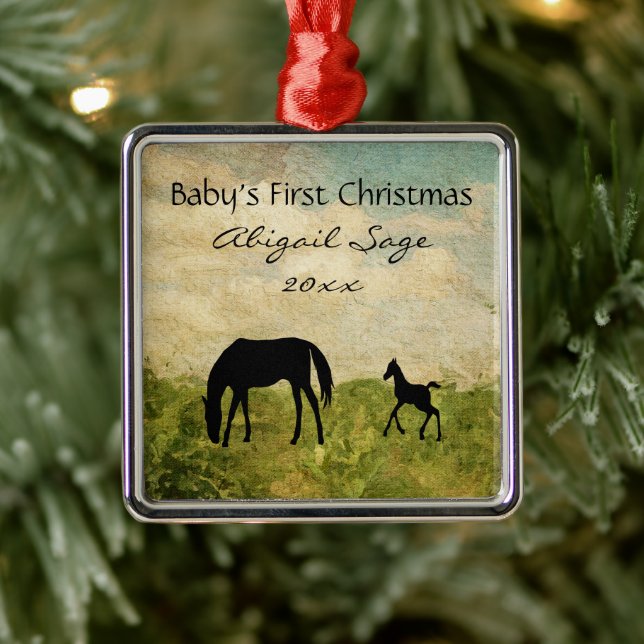 Personalized Mare Foal Horse Baby's 1st Christmas Metal Ornament (Tree)