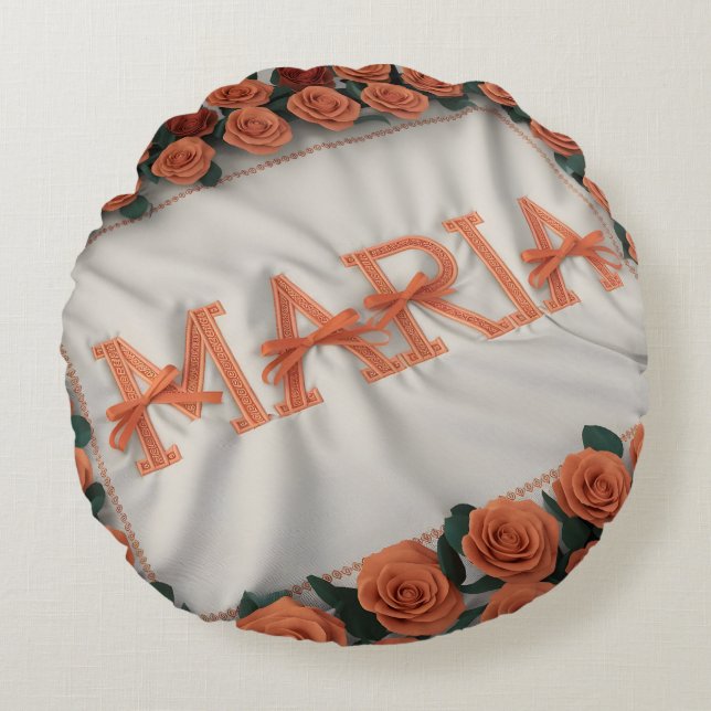 Personalized Maria  with Orange Rose Round Pillow (Front)