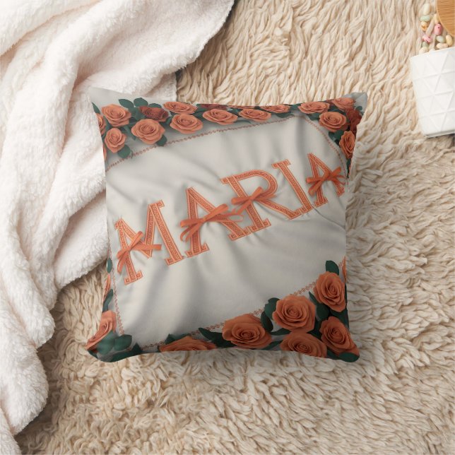 Personalized Maria  with Orange Rose Throw Pillow (Blanket)