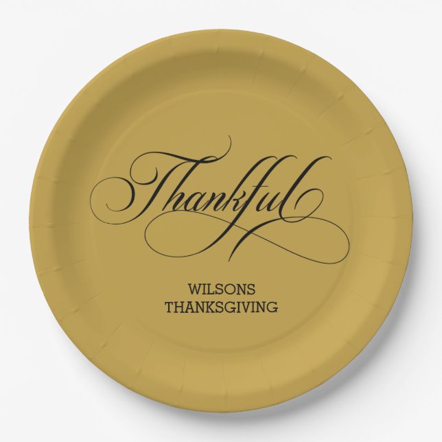 Personalized Marigold Stylish Calligraphy Thankful Paper Plates (Front)