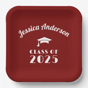 Personalized Maroon and White Graduation Paper Plates