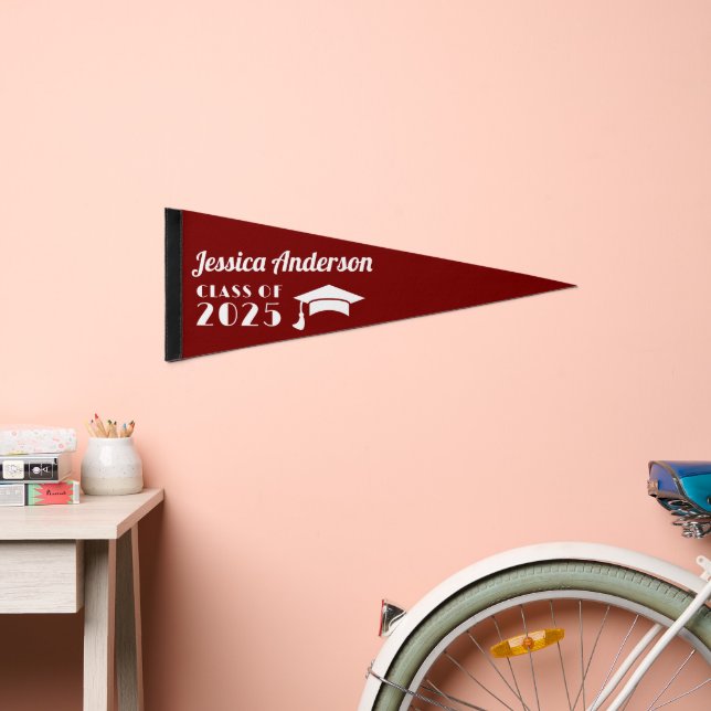 Personalized Maroon and White Graduation  Pennant Flag (Front)