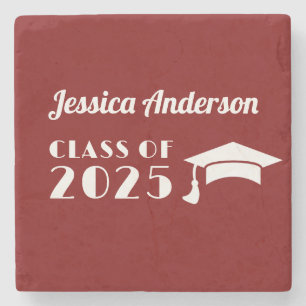 Personalized Maroon and White Graduation  Stone Coaster