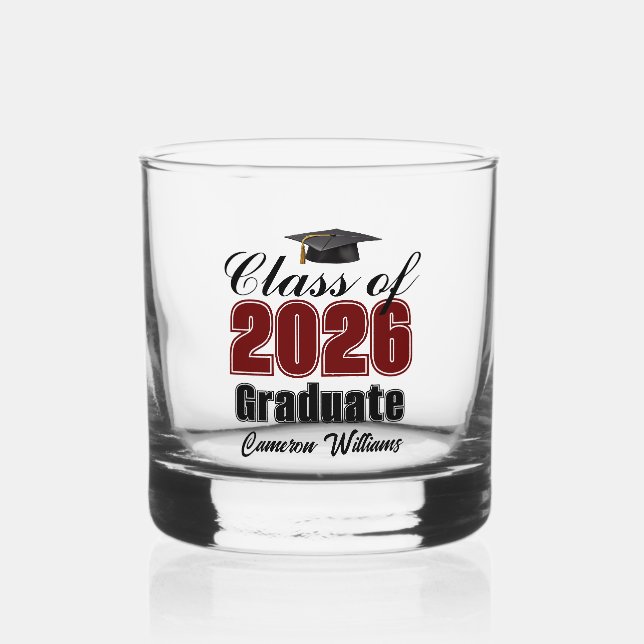Personalized Maroon Black Class of 2026 Graduation Whiskey Glass (Front)