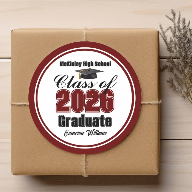 Personalized Maroon Class of 2026 Graduation Party Classic Round Sticker (Creator Uploaded)