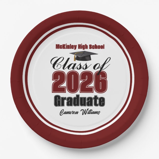 Personalized Maroon Class of 2026 Graduation Party Paper Plates (Front)