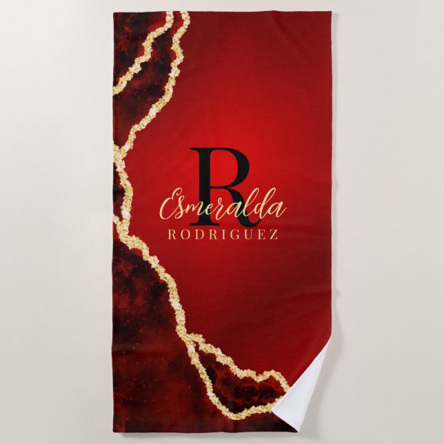 Personalized Maroon Red Gold Black Stylish Agate Beach Towel (Front)