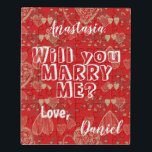 Personalized marriage proposal will you marry me jigsaw puzzle<br><div class="desc">Popping the question: "Will you. marry me?" Follow your heart and make a surprising keepsake cute proposal to your girlfriend to savor the memories of your beginnings all your life! Fully customizable message text on vibrant red with hearts Valentines pattern and your names. You can replace text with your own....</div>