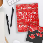 Personalized marriage proposal will you marry me jigsaw puzzle<br><div class="desc">Follow your heart and make a surprising cute proposal to your girlfriend to have a keepsake all your life! Fully customizable message text romantic gift on a beautiful vibrant ruby red, light grey and white pattern with doodle lace hearts and cherry blossom branches with his and her names popping the...</div>