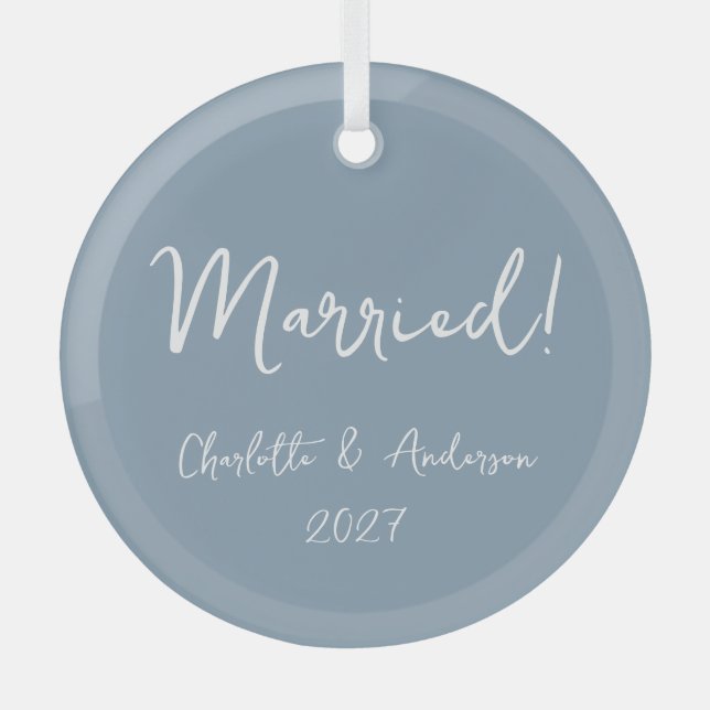 Personalized Married Couple Handwritten Blue Glass Ornament (Front)