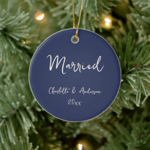 Personalized Married Couple Handwritten Navy Blue Ceramic Ornament