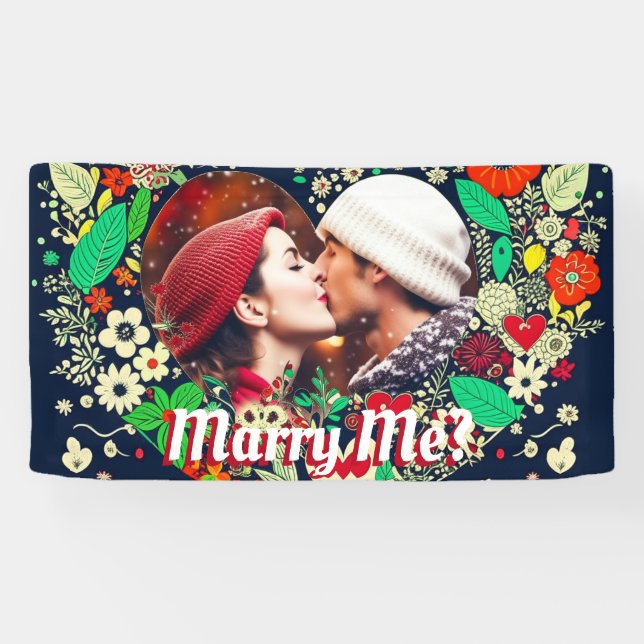 Personalized Marry Me Floral Heart Frame Photo Banner (Horizontal)