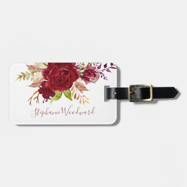 Personalized Marsala Bouquet Floral Script Luggage Tag (Front Horizontal)