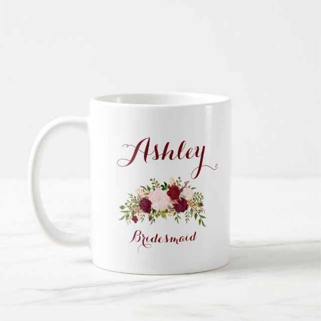 Personalized Marsala Pink Floral Bridesmaid Coffee Mug (Left)