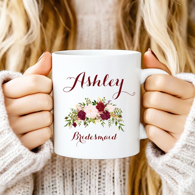Personalized Marsala Pink Floral Bridesmaid Coffee Mug (Creator Uploaded)
