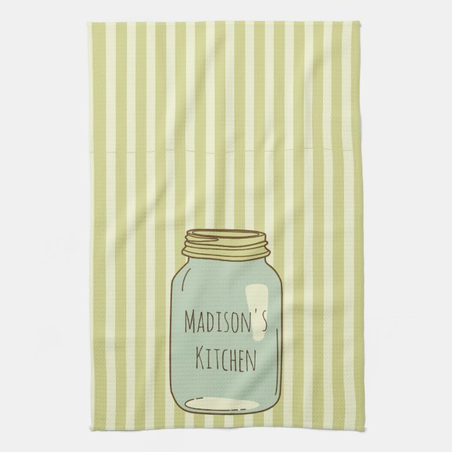 Personalized Mason Jar Kitchen Towel Pale Stripes (Vertical)