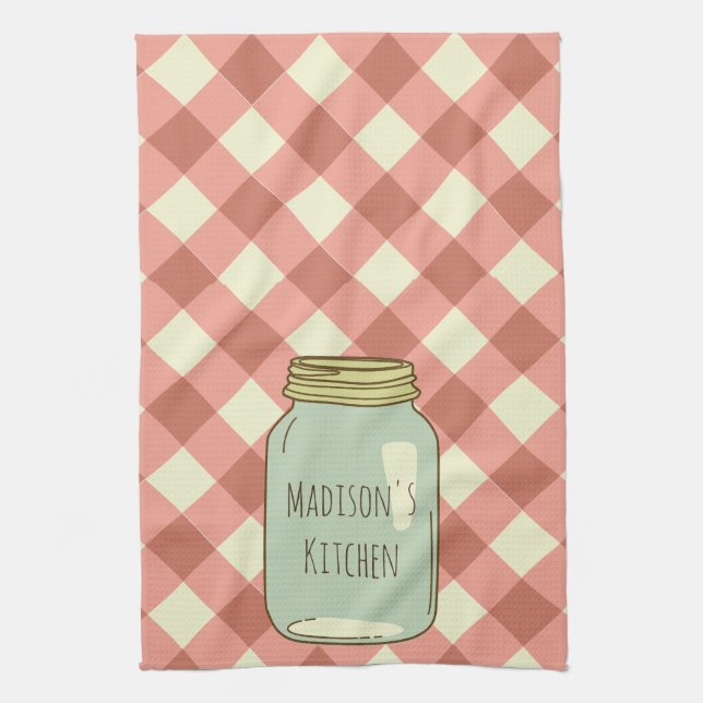 Personalized Mason Jar Kitchen Towel Red Gingham (Vertical)