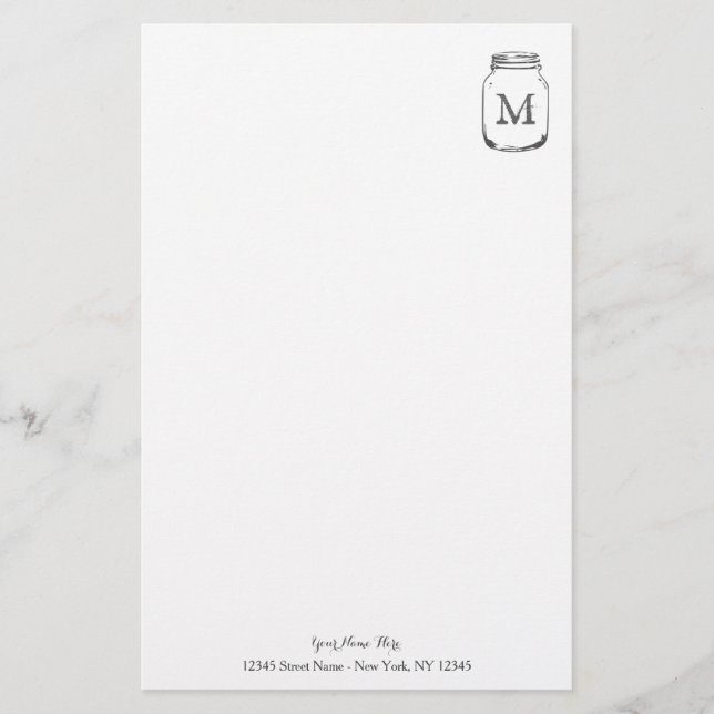 Personalized mason jar monogram stationery paper (Front)