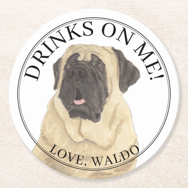 Personalized Mastiff Dog Wedding Round Paper Coaster (Front)