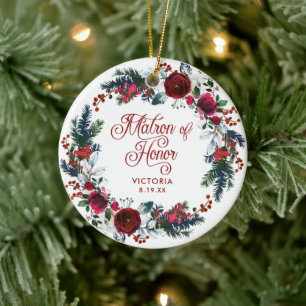 Personalized Matron Of Honor Gift Christmas Wreath Ceramic Ornament