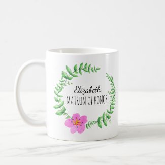 Personalized Matron of Honor Wreath Pink Floral Coffee Mug