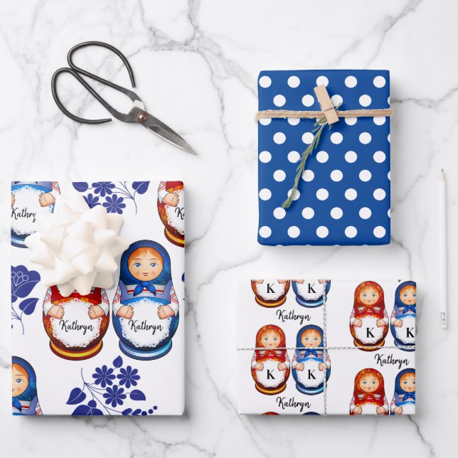 Personalized Matryoshka Dolls Wrapping Paper Sheets (Front)