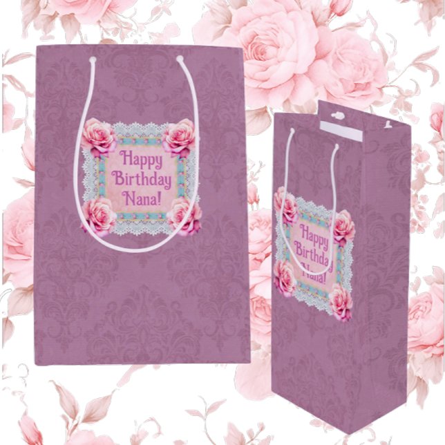 Personalized Mauve Roses Lace Damask Gift Bag (Personalize with your own message!)