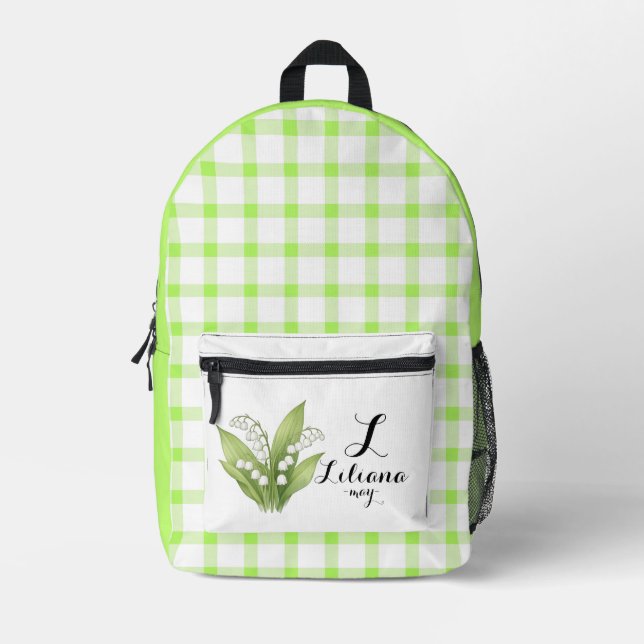 Personalized May Green Plaid Backpack  (Front)
