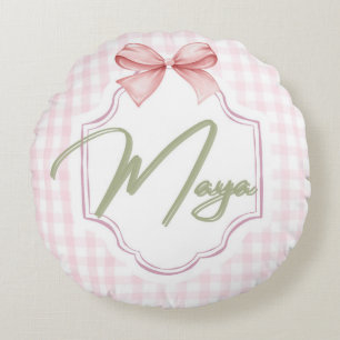 Personalized Maya Baby Girl Nursery Bow&Gingham Round Pillow