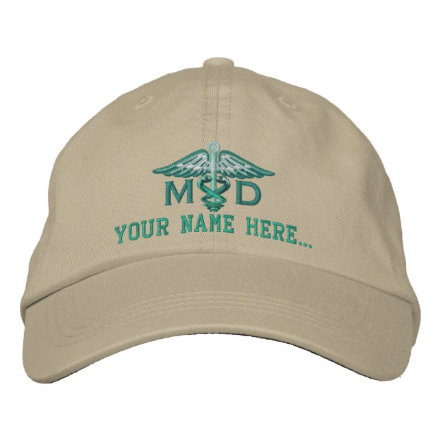 Personalized MD Your Text Medical Caduceus Embroidered Baseball Cap (Front)