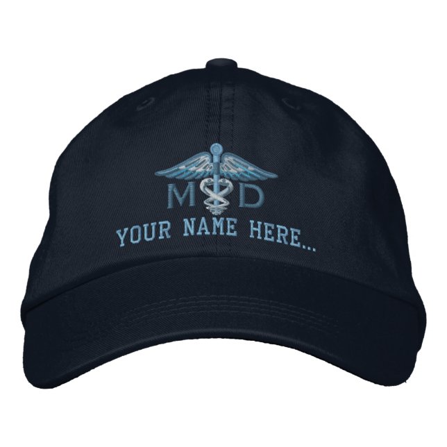 Personalized MD Your Text Medical Caduceus Embroidered Baseball Hat (Front)