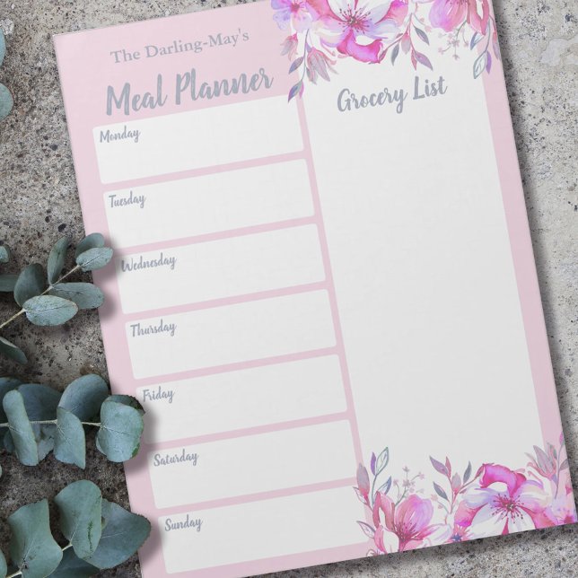 Personalized Meal Planner Grocery List Pink Floral Notepad (Creator Uploaded)