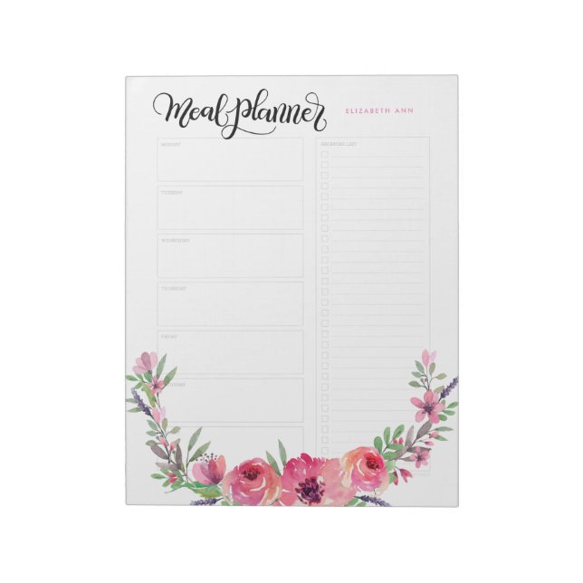 Personalized Meal planner pink flowers Notepad (Rotated)