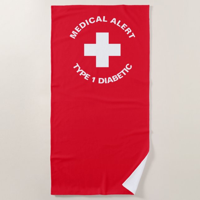 Personalized Medical Alert  Diabetic Red  Beach Towel (Front)