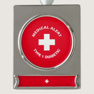 Personalized Medical Alert  Diabetic Red  Silver Plated Banner Ornament