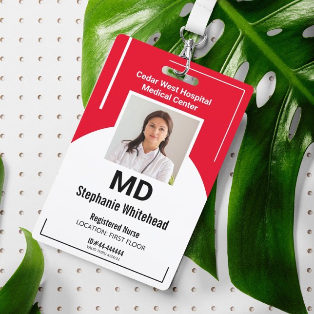 Personalized Medical Employee Photo ID Red Badge (Simple Medical ID Badge for a registered nurse or doctor that is easy to change and personalized.)