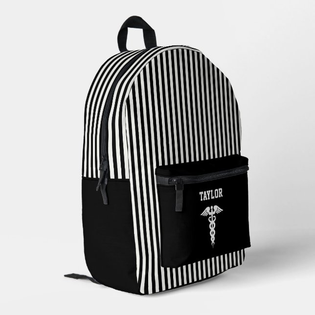 Personalized Medical Symbol Black & White Stripes Printed Backpack (Back Corner Left)