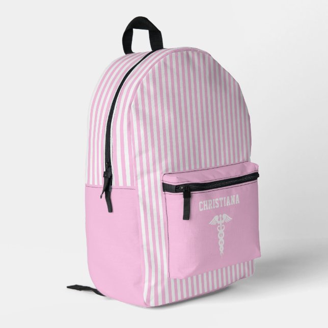 Personalized Medical Symbol Blush Pink Stripes Printed Backpack (Back Corner Left)
