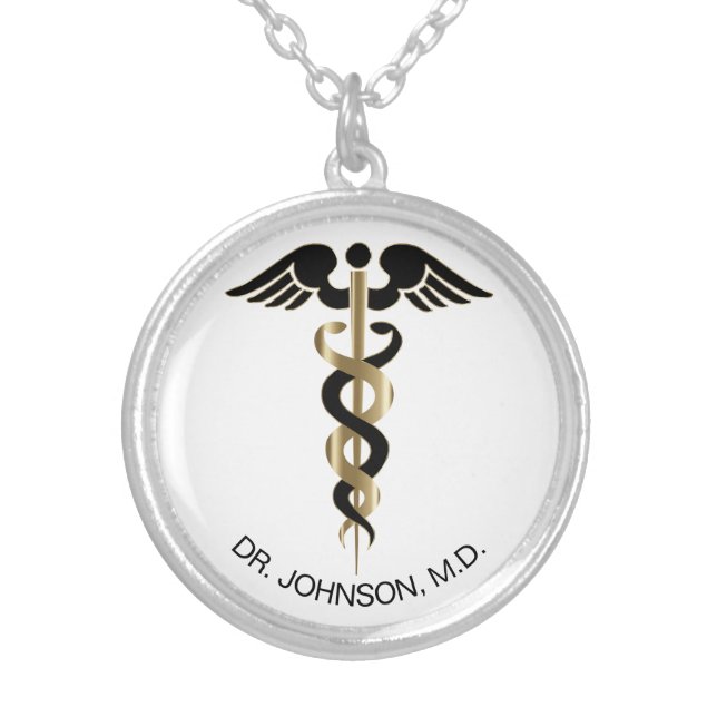Personalized Medical Symbol Caduceus - Gold Silver Plated Necklace (Front)