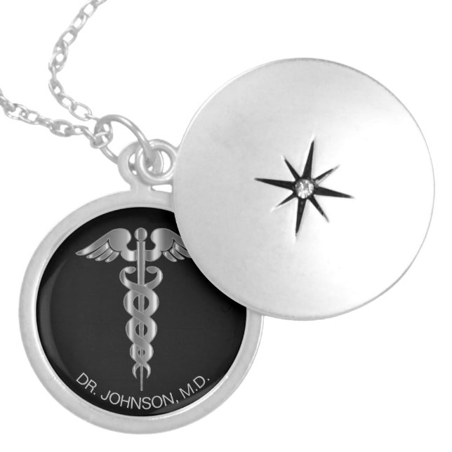 Personalized Medical Symbol Caduceus - Silver Locket Necklace (Front)