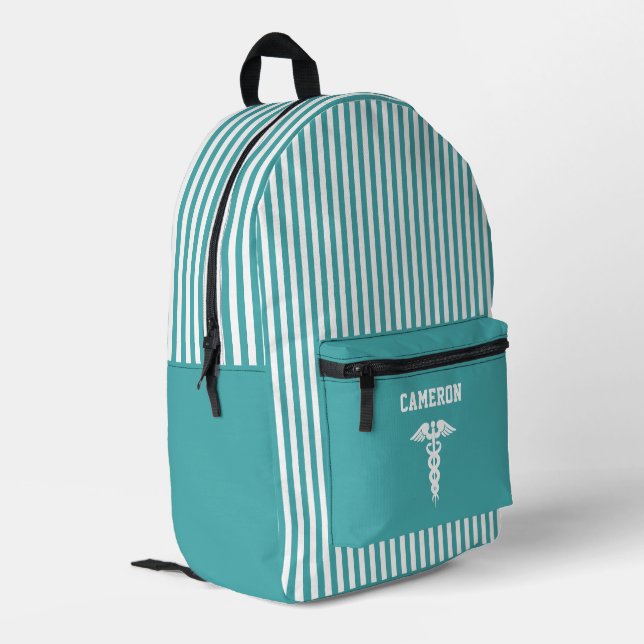 Personalized Medical Symbol Teal Stripes Printed Backpack (Back Corner Left)